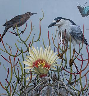 弗兰克·冈萨雷斯的艺术作品展示了仙人掌花上方的一只蝴蝶和两只鸟